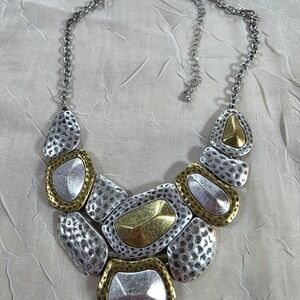 Mixed Metal Hammered Geometric Bib Necklace Silver Gold Tone Boho Statement